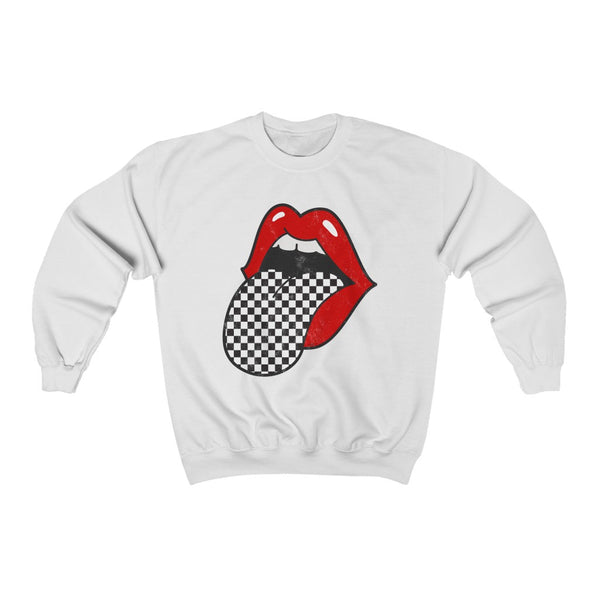 Red Lips Checkered Tongue Out Distressed Unisex Crewneck Sweatshirt